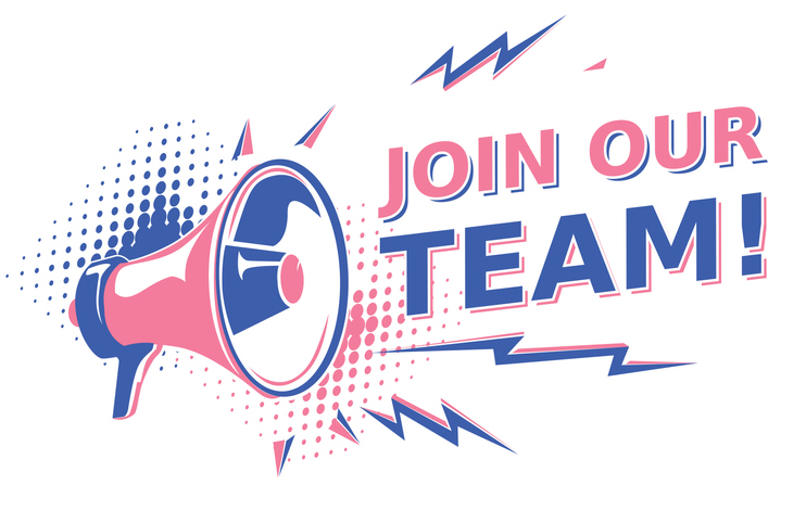 Join our Team Graphic with megaphone in pink and blue