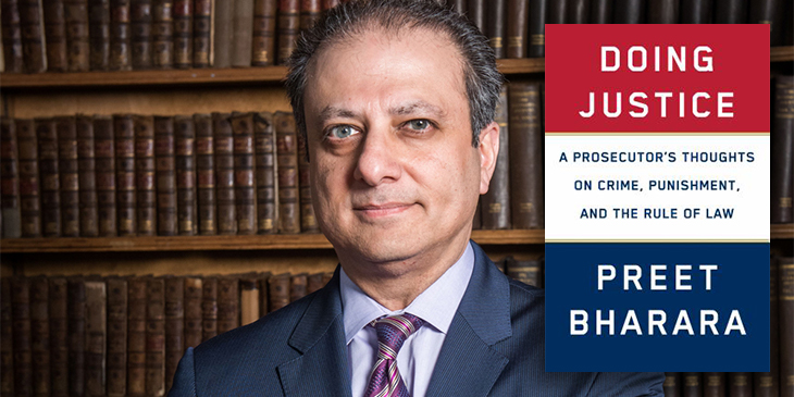Headshot of Preet Bharara with the book cover of "Doing Justice"