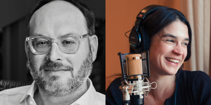 Headshots of Franklin Foer (with short dark hair, beard, and glasses) and Katy Sewall (with fair skin and long black hair)