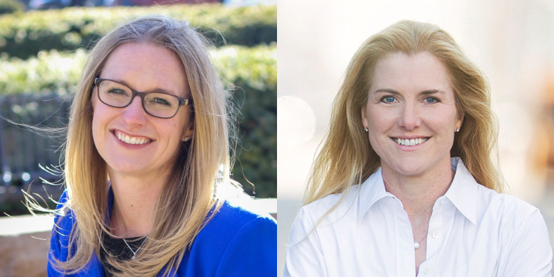 Headshots of Kathryn Cramer Brownell (with shoulder length blonde hair and glasses) and Margaret O'Mara (with long blonde hair and white dress shirt)