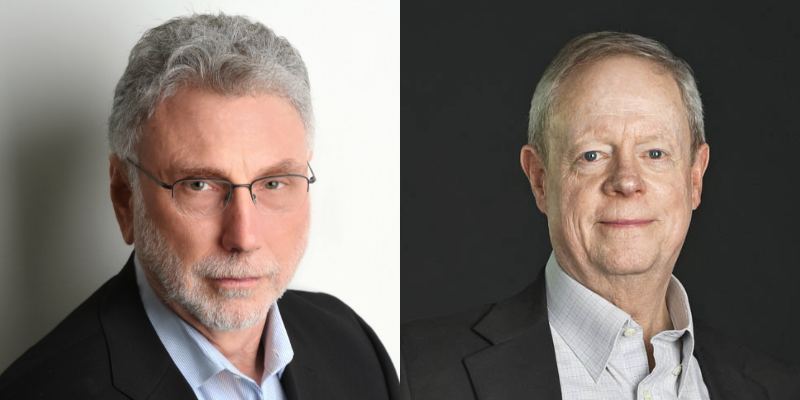 Headshots of Martin Baron (with short grey hair, beard, and glasses) and Frank Blethen (with short grey hair)