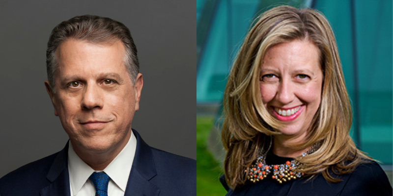 Headshots of Michael Waldman (with fair skin and short grey hair) and Professor Liz Porter (with shoulder length blonde hair and black blouse)