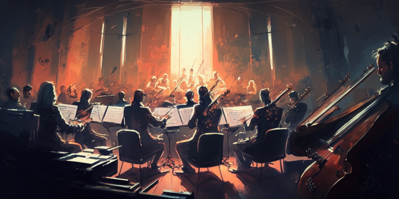 Dramatic shadowy painting of an orchestra with a bright light reflecting off the wall