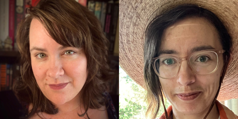 Headshots of Sarah Salcedo (with fair skin, brown hair, and bangs) and Arianne True (with straw hat, glasses, fair skin, and brown hair)