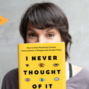 Monica Guzman (with light skin and dark brown hair) holding the book "I Never Thought of It That Way" in front of her face. The Replay Matinee logo is in the upper left corner.