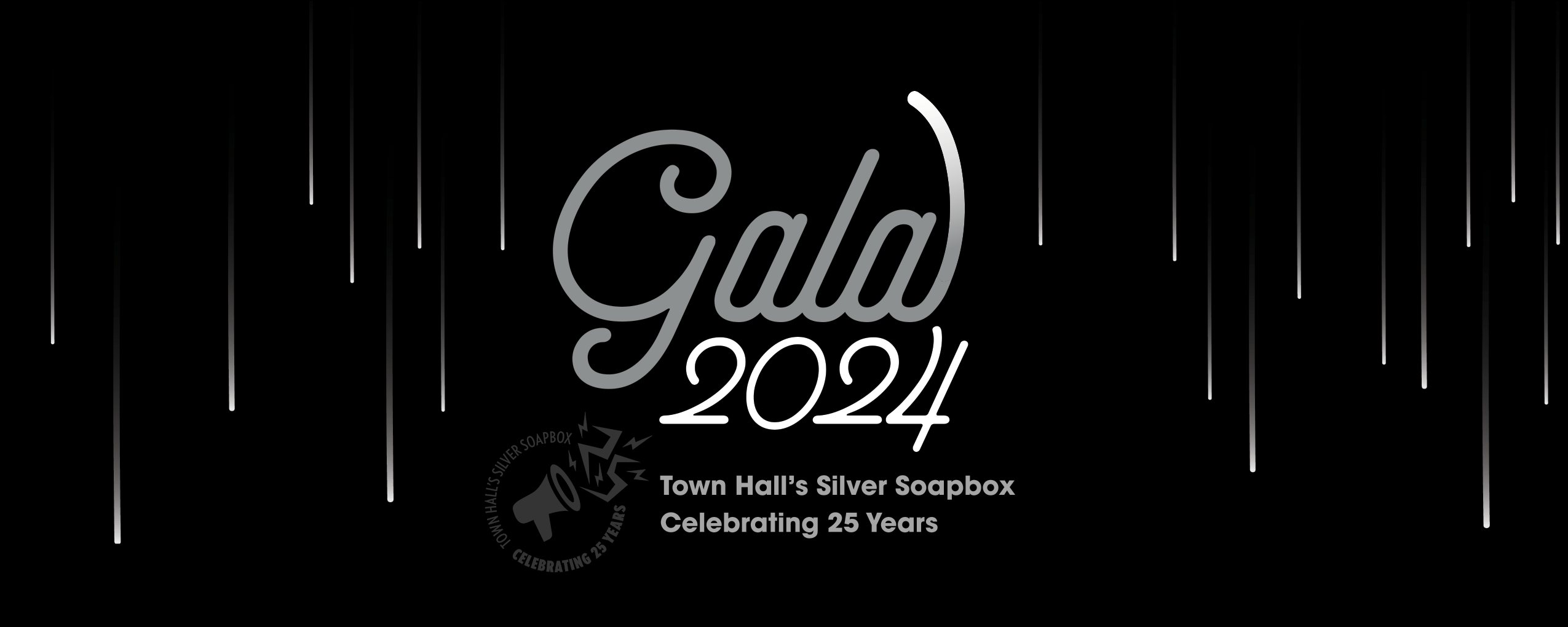 Gala 2024 black and silver logo with falling silver rain