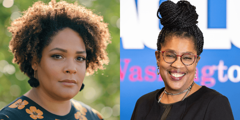 Headshots of Ijeoma Oluo (with brown skin, short coily black hair, and a navy patterned blouse) and Michele Storms (with brown skin, eyeglasses, and long black braids put up in a high bun)