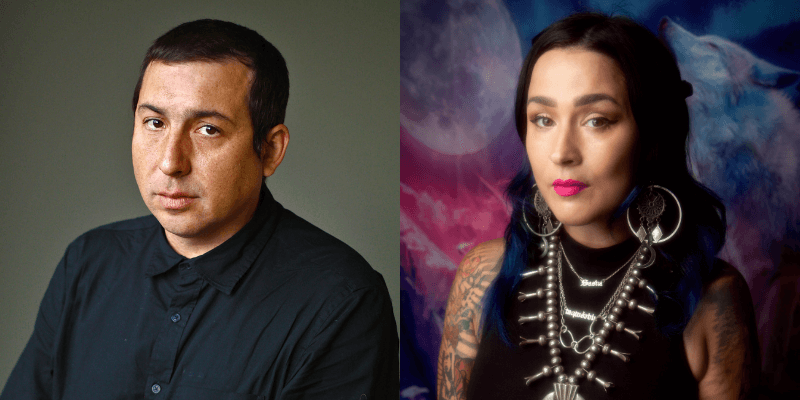Headshots of Tommy Orange (with light-medium skin and short black hair) and Sasha LaPointe (with long black hair, light-medium skin, and Native American jewelry).