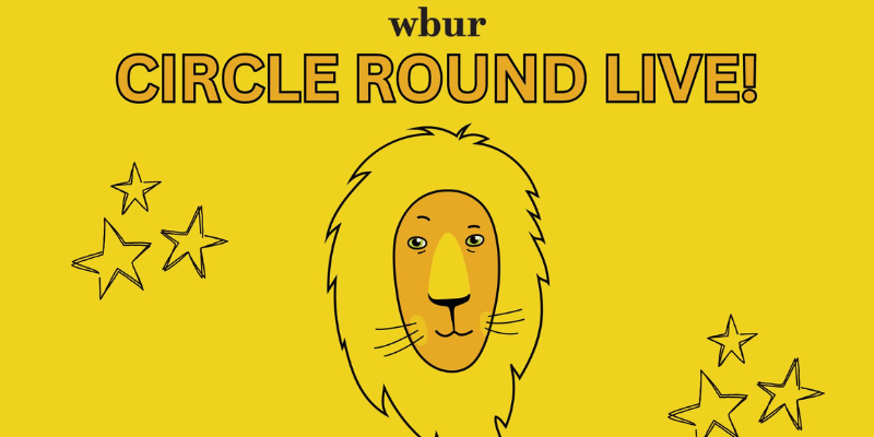 Yellow banner with illustration of lion head and stars. Text above lion says "Circle Round Live."