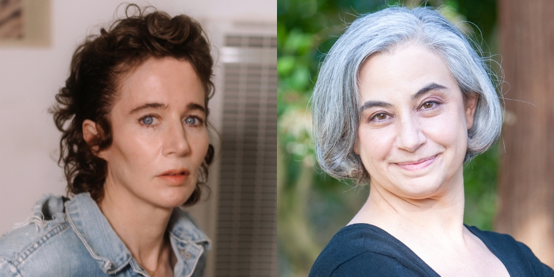 Headshots of Miranda July (with fair skin, brown curly hair) and Laurie Frankel (with fair skin, grey bob)