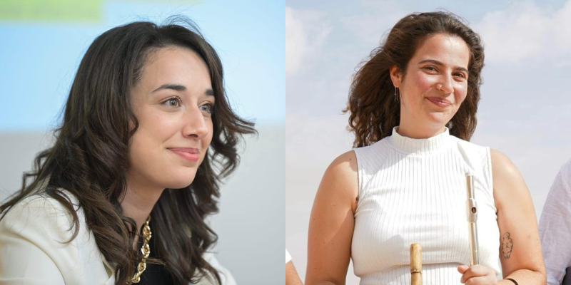 Headshots of Lana Ikelan (with fair skin and wavy brown hair) and Noga Bar Oz (with light skin and curly brown hair). Noga carries two different flute instruments.