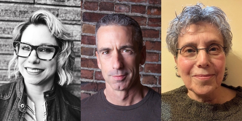 From left to right: Headshots of Tricia Romano, Dan Savage, and Jane Levine