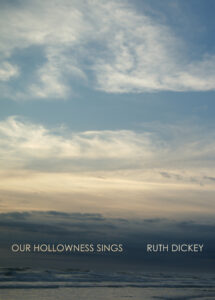 Book cover: The title "Our Hollowness Sings" is in small yellow text over a background with a dark ocean at sunset.
