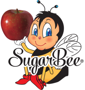 Cartoon Bee with blue eyes and red shoes holding a red photographic apple