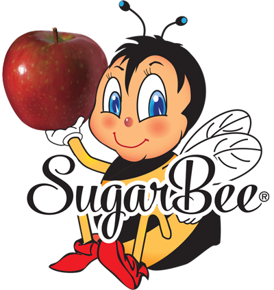 Cartoon Bee with blue eyes and red shoes holding a red photographic apple
