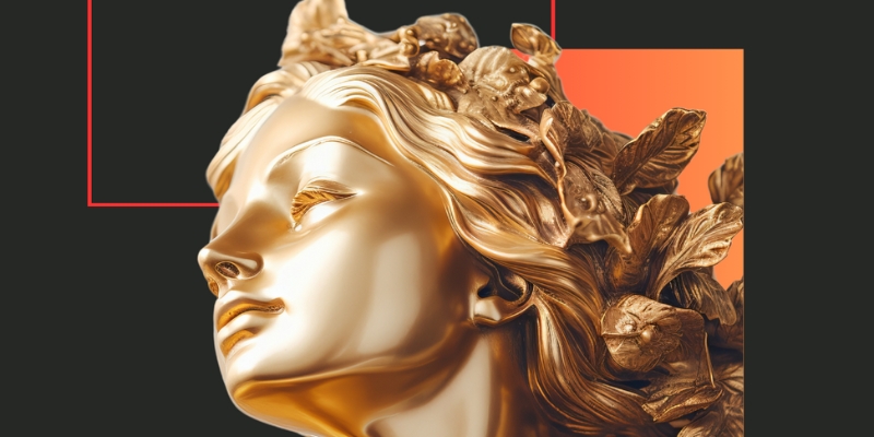 A headshot of a gold Roman statue in front of a grey background with orange rectangle shapes.