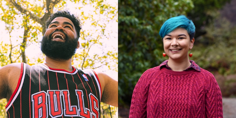 Headshots of Julian Randall (with brown skin, curly black hair, beard) and Ally Ang (with short blue hair and fair skin)