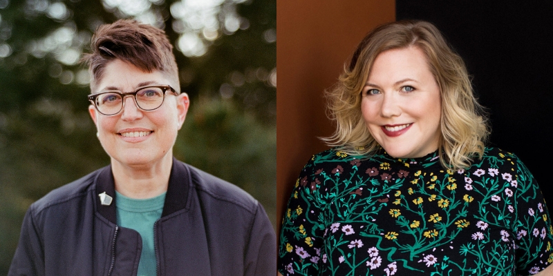 Headshots of Annalee Newitz (with short brown hair, fair skin, eyeglasses) and Lindy West (with fair skin and wavy blonde bob)