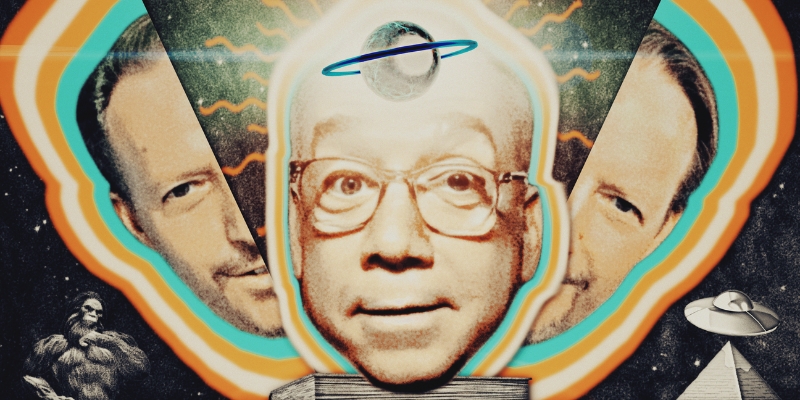 A psychedelic space themed web banner including head cutouts of Paul Giamatti and Stephen Asma.