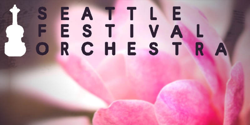 A close-up shot of a blooming pink flower with the Seattle Festival Orchestra logo.
