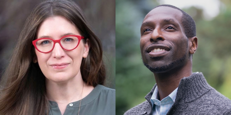 Headshots of Nora Kenworthy (with fair skin, long brown hair, and red eyeglasses) and Marcus Harrison Green (with dark skin and buzzed black hair)