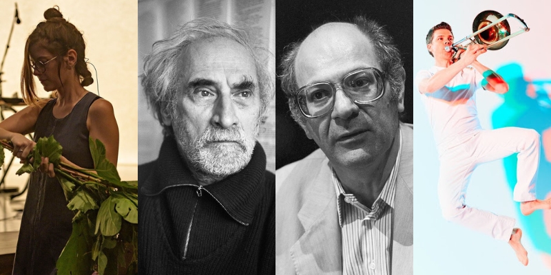 From left to right: Photos of Bethany Younge, Frederic Rzewski, Mauricio Kagel, and C. Neil Parsons