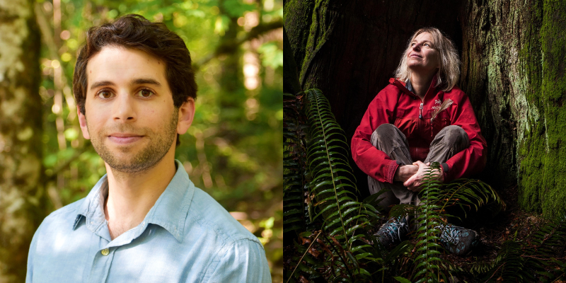 Headshots of Ferris Jabr (with light skin & brown hair) and Dr. Suzanne Simard (with fair skin & blonde hair). Dr. Simard sits criss crossed next to a tree in a forest.