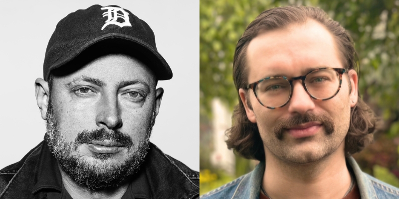 Headshots of Nate Silver (with beard and baseball cap) and Clayton Aldern (with chin-length brown hair, mustache, and glasses)