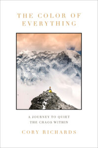 Book cover featuring a snowy mountain peak under a cloudy sky with a solitary individual in a yellow jacket standing on a rocky outcrop. Title "THE COLOR OF EVERYTHING" is displayed at the top with the subtitle "A JOURNEY TO QUIET THE NOISE WITHIN."