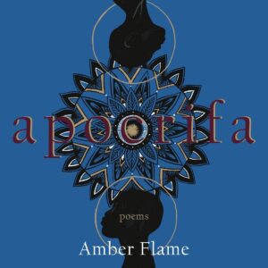 Book cover for "Apocrifa" featuring a symmetrical design with two silhouetted profiles facing away from each other against a mandala-inspired pattern, predominantly in shades of blue and gold, with the author's name, Amber Flame, displayed at the bottom.