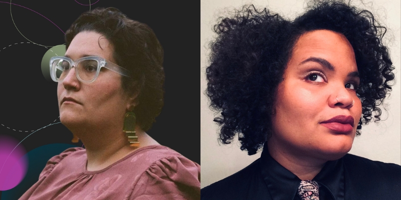 Headshots of Carmen Maria Machado (with light skin, short brown hair, eyeglasses) and Amber Flame (with tan skin and chin-length curly black hair)