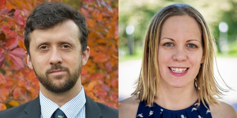 Headshots of Casey Michel (with fair skin and short brown hair/beard) and Dr. Katy Pearce (with fair skin and shoulder-length blonde hair)