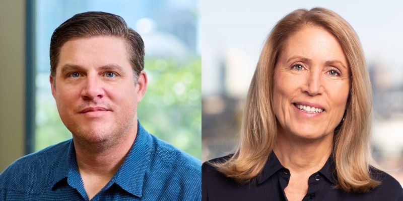 Headshots of David Yeager (with fair skin and short brown hair) and Tricia Raikes (with fair skin and shoulder length blonde hair)