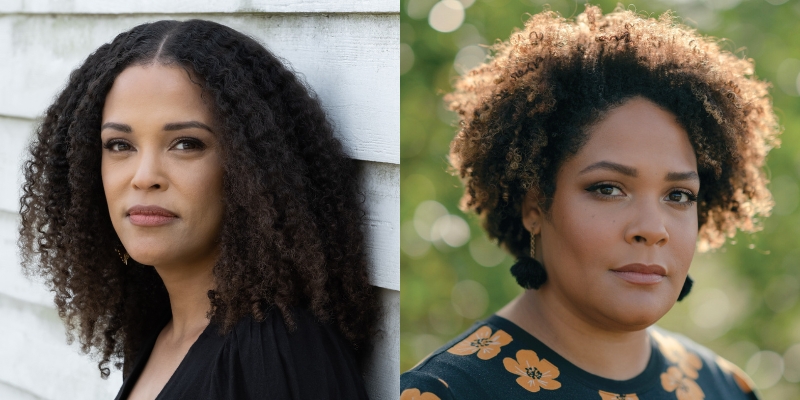 Headshots of Jesmyn Ward (with long curly hair and light/medium skin) and Ijeoma Oluo (with short curly hair, brown skin, and black earrings)