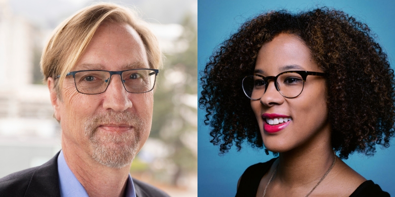 Headshot of Paul Pierson (with fair skin, short blonde hair, eyeglasses) and Megan Ming Francis (with curly black hair and brown skin)