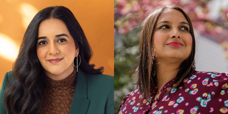 Headshots of Sahaj Kohli (with tan skin, long black hair, and dark green blazer) and Ruchika Tulshyan (with tan skin, shoulder length black hair, and floral patterned blouse)