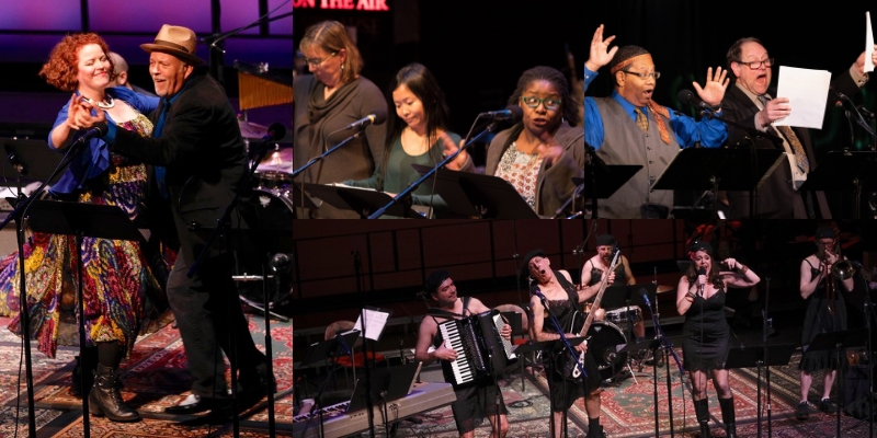 A photo collage including the Sandbox Radio Players and The Love Markets performing.