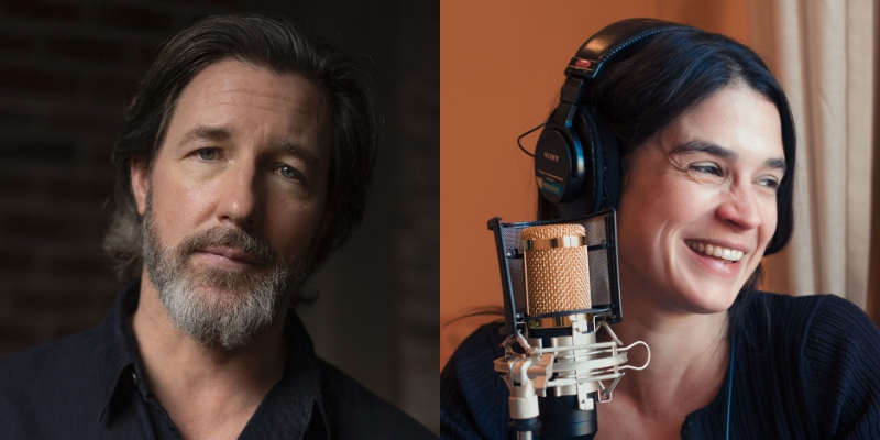 Headshot of Edward Burns (with fair skin, brown hair, and grey beard) and Katy Sewall (with fair skin and long dark hair)