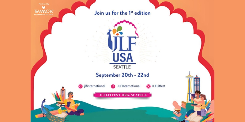 Banner for the first edition of JLF USA in Seattle from September 20th to 22nd, featuring festival dates, social media handles, and the event website, with illustrations of people reading books and the Seattle skyline in the background.