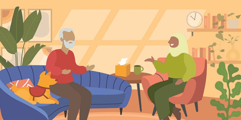 Illustration: a person sitting on a blue sofa (left) talks to a person wearing a hijab, sitting on an orange armchair (right)