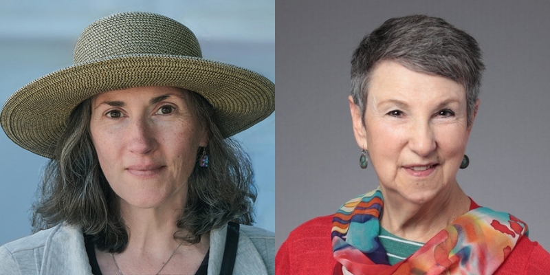 Headshots of Erika Crichton (with fair skin, shoulder length grey hair, wide brim hat) and Rebecca Crichton (with fair skin, short grey hair, floral scarf)