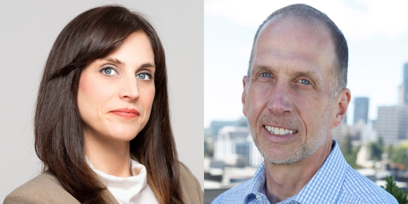 Headshots of Dr. Jennifer Heerwig (with fair skin and medium length brown hair) and Alan Durning (with fair skin and buzzed grey hair/facial hair)