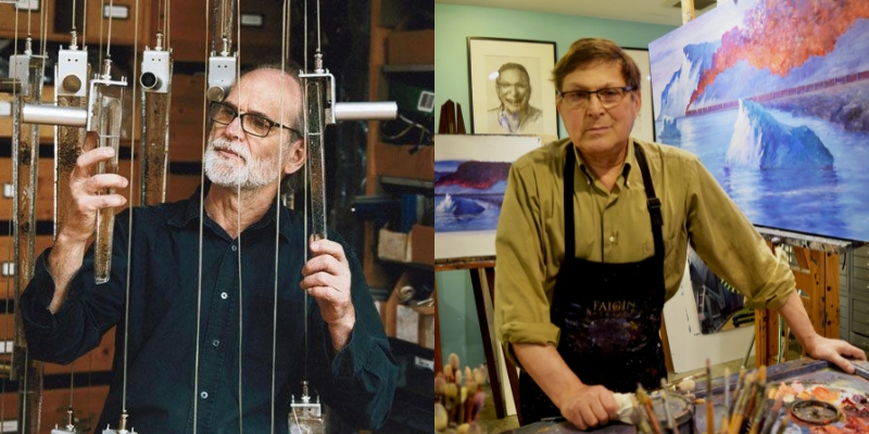 Pictures of Trimpin (left) and Gary Faigin (right) working/posing in their art studios.