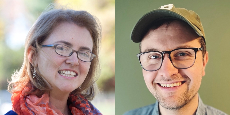 Headshot of Tui Sutherland (with fair skin, chin-length blonde hair, and eyeglasses) and Ben Clanton (with fair skin, glasses, and baseball cap)