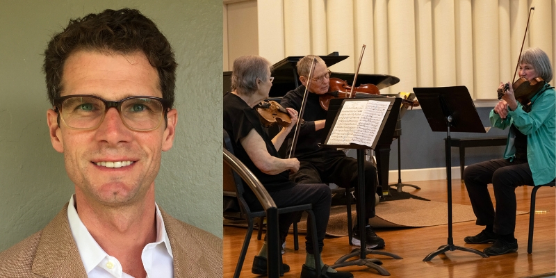 On the left: Headshot of Chas Arnold (with fair skin, short wavy brown hair, and eyeglasses) On the left: Three people sit in a circle and play stringed instruments with sheet music stands in front of them.