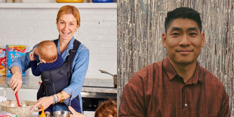 On the left: Christina Tosi mixes a bowl in a white kitchen, holding a baby with a child next to the countertop. On the right: Headshot of Frankie Gaw