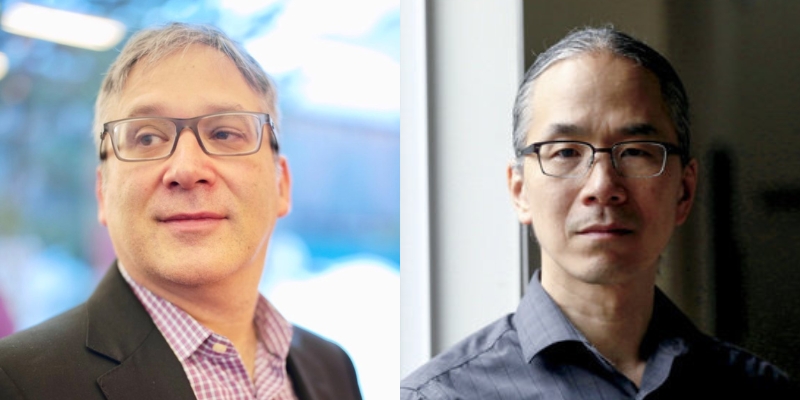 Headshots of Gary F. Marcus (with short grey hair/eyeglasses) and Ted Chiang (with grey low ponytail/eyeglasses)