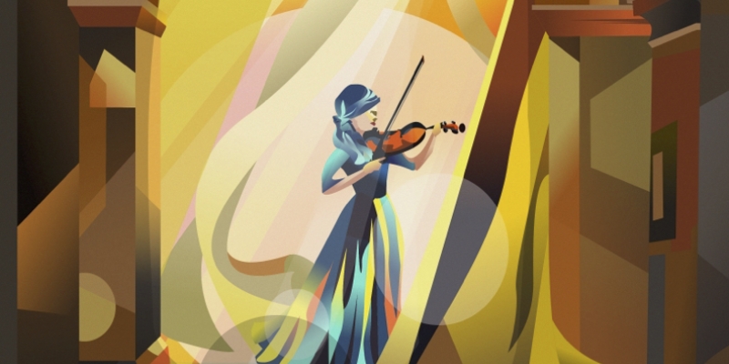 Stylized artwork depicting a person with long hair wearing a dress and playing the violin.