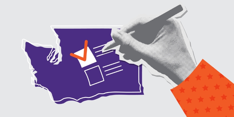 Illustration of a hand marking a ballot with a check inside an outline of Washington state in purple. The hand has an orange sleeve with star patterns, symbolizing voting or elections.