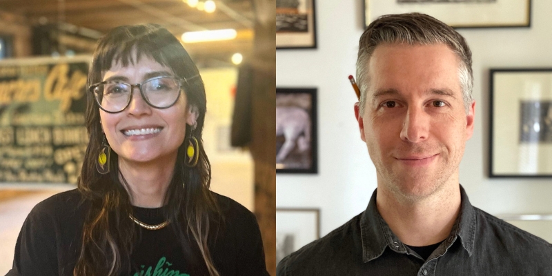 Headshots of Cynthia Brothers (with long brown hair and glasses) and Tom Eykemans (with short grey hair and black button-down shirt)